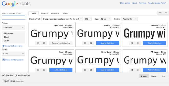 Google fonts screenshot